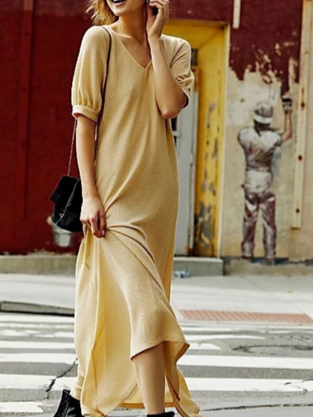 Free People Beach Tan Maxi Knit Dress Size XS Boho Beachy Festival V Neck